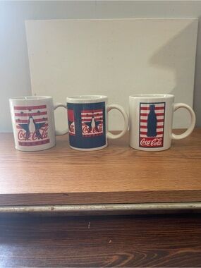 Coca Cola Red White Blue Patriotic Ceramic Mugs Set of 3